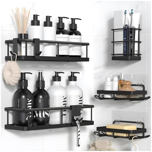 PIEAULOM 5 Pièces Etagere Douche Porte Savon Support sans Percage Rangement Étagère Serviteurs Angle Salle De Bain Mural Organisateur Deco Accessoire Ventouse Set Bathroom Organizer