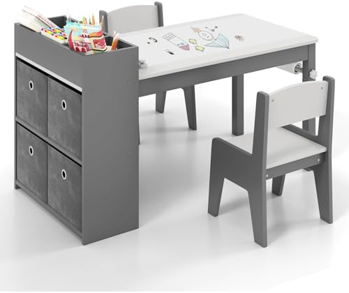 Maxmass Kids Art Table and Chairs, Wooden Children Study Desk with Paper Roll, 4 Fabric Bins, Storage Shelves, Children Activity Table Craft Desk Set for Drawing Writing Learning (Grey)