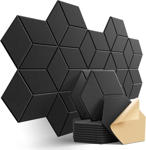 Panneaux Acoustiques Hexagone Autocollante, Lot de 12, Isolation phonique efficace Couverture 1.05㎡ haute densité (230kg/m³) NRC 0.95 panneau acoustique mural