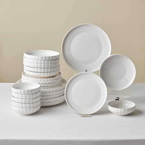Karaca Stream Bone Pumpkin - Bone China Porzellan Geschirrset für 6 Personen Modern Teller Set 24-teilig mit Suppenteller, Dessertteller, Speiseteller und Pastateller, Tafelservice - Weiß
