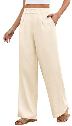 Fashora Pantalon Femme Été Fluide Pantalons Taille Haute Élastique Pantalon Jambes Larges Léger Ample Décontractée Palazzo Longueur Pants Chic et Elegant avec Poches