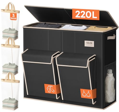 SOLEDI 220L Laundry Basket 3 Compartments with 2 Side Pockets, Black Large Laundry Hamper with Lid and 3 Mesh Bags Suitable for Family, Foldable Clothes Storage Bin for Bedroom, Wardrobe, College