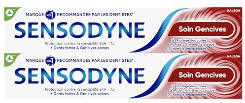 SENSODYNE Dentifrice Soin Gencives, Triple Action Nettoyante, Soulage contre la Sensibilité Dentaire, Protège contre les Caries, Combat la Plaque Bactérienne, Favorise les Gencives - Lot de 2x75ml