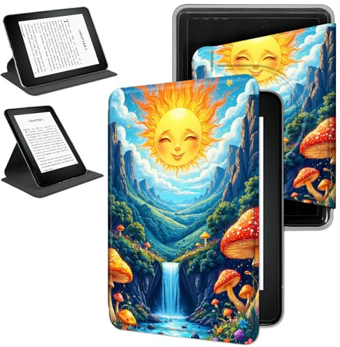 RWUTYTIUL Magnetic Detachable Case for 7 Kindle Paperwhite 12th Generation 2024 & Kindle Colorsoft 2024/2025, 360 Degree Rotating Protective Stand Cover with Removable Shell, Stream Sun Mushroom