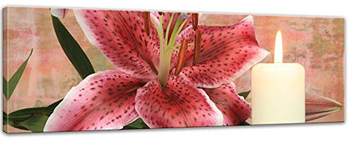 Keilrahmenbild - Lilienblüte mit Kerze - Bild auf Leinwand 120 x 40 cm - Leinwandbilder Bilder als Leinwanddruck Pflanzen & Blumen Zeichnung - rötliche Lilie