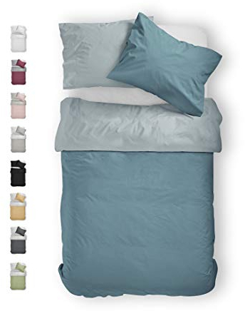 BLUE MOON Bettwäsche 135x200 cm Satin Bettwäsche-Sets 100% Baumwolle Wendebettwäsche - Made in EU - 1x Bettbezug 135x200 cm und 1x Kopfkissenbezug 80x80 cm (Aqua, Bettbezug 135 x 200 + 80 x 80 cm)