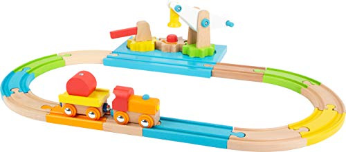 small foot 11494 Eisenbahnset aus Holz, mit Lok, Kran und interaktiven Zahnrädern, in bunten Farben gehalten, ab 1 Jahr