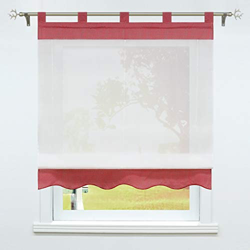SCHOAL Raffrollo mit Schlaufen Transparente Raffgardine Schlaufenrollo Gardinen Landhaus Karierte Vorhang Voile 1 Stück BxH 100x155cm Rot