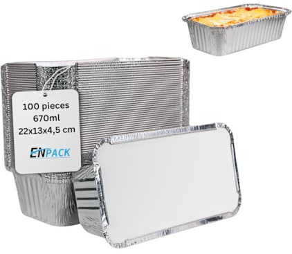 Enpack Aluschale R13-670L - 100 Stück Aluminiumschale mit Deckel 690ml - Menüschale - Alu Form für Lebensmittel - Take away - Grillschalen - Einwegverpackungen - Einmalbehälter für Lasagne/Nudeln