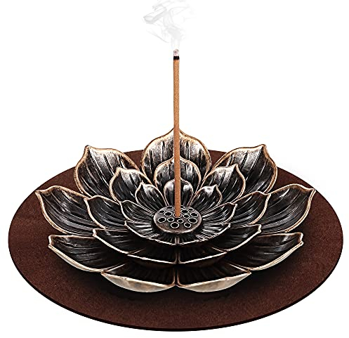 DK177 1 Stück Räucherstäbchen Halter, Lotus Messing Incense Stick Holder,Lotus Weihrauchbrenner 6 Loch Spirituelle Deko Meditation Zubehör mit Abnehmbarem Aschefänger und Matte