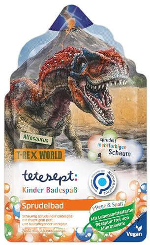 tetesept Kids Sprudelbad Dino Abenteuer mit fruchtigem Duft und mehrfarbigem Sprudelschaum – Dinostarker Kinder Badespaß mit Badeschaum und orangefarbenem Wasser – 1 x 40 ml