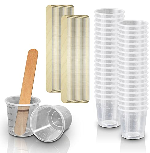 50 Pack – RE-GEN 60ml/2oz Clear RE-USABLE Plastic Graduated Measuring Cup Mixing Kit with 50 Wood Stir Spatulas | Ideal for Mixing Paint, Oils, Liquids, Resin