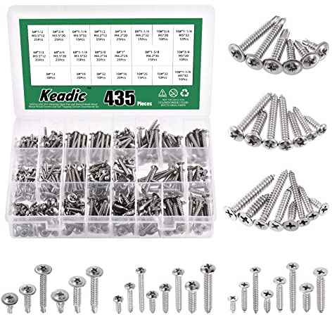 Keadic Juego de 325 tornillos autorroscantes de acero inoxidable 304 #6#8#10 que contiene cabeza redonda y cabeza plana Philips y cabeza de oblea autoperforante tornillos de chapa de metal