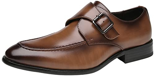 ANUFER Hombres Hebilla Simple Inteligente Zapatos de Monje Cuero de Microfibra Formal Mocasines Planos Marrón SN0707123 EU42