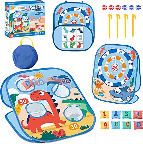 LATERN 3 In 1 Sitzsack Wurfspiel Spielzeug, Dinosaurier Ozean Thema Faltbares Maislochspiel Sicherheits Dart Spiel und Tic Tac Toe-Spiel für Jungen Mädchen Indoor Outdoor Gartenparty