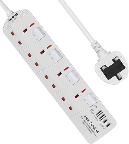 SE UKASE Extension Lead with USB Slots(5V/5A), 4 Way Plug Sockets with Individual Switches USB and Type C, Wall Mount Design with 2M Extension Cable 2990W