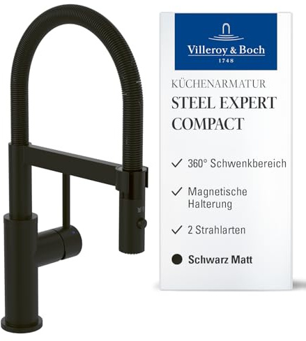 Villeroy & Boch Steel Expert Compact, grifo de cocina de alta presión con función de interruptor y caño giratorio con muelle espiral de 360°, flujo laminar, altura del caño 143 mm, negro mate