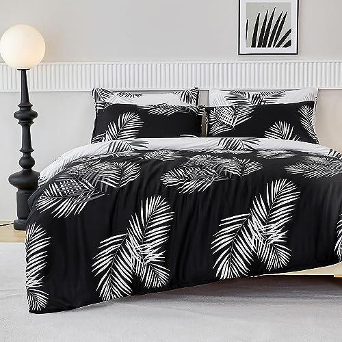 Parure de Lit Réversible avec Motif à Feuilles de Palmier Housse de Couette 200x200 cm 2 Personnes et 2 x Taies d'oreiller 65x65 cm Linge de Lit Moderne Adulte avec Fermeture Eclair, Noir