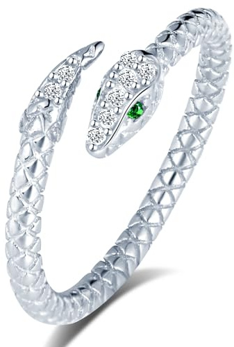 MICGIGI 925er Sterling Silber Offener Ring mit Retro Zirkonia Schlangen Gestaltung - Verstellbarer Damen Ring in Silber