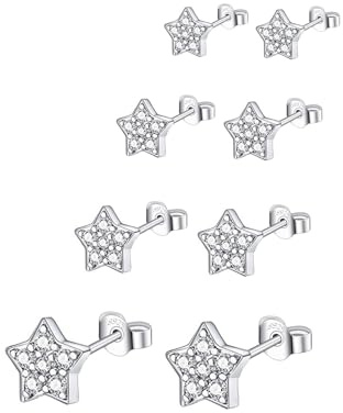 Epoch World 4 Paare 925 Sterling Silber Ohrringe Damen Ohstecker Stern Ohrringe 925 Silber Ohstecker Mädchen in 3, 4, 5, 6mm Zirkonia Set für Damen Mädchen