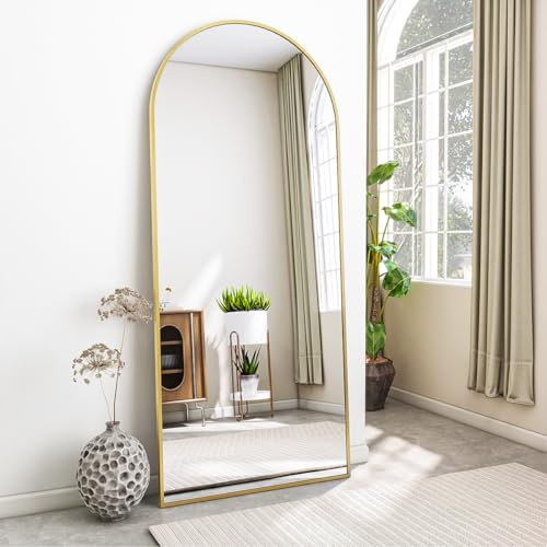 Koonmi Ganzkörperspiegel Bogen 165 x 61 cm Gold, Stabiler Rahmen im Alltag | mit Ständer, zum Anlehnen oder Aufhängen, stabiler Rahmen, Sicherheitsglas für Schlafraum, Ankleide, Wohnzimmer und Flur