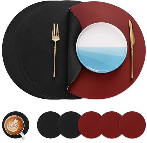 Myir JUN Tischsets abwaschbar und Untersetzer Tischsets Rund Ø 38cm | 6er Set Rund Platzsets wasserdichte Platzdeckchen abwaschbar doppelseitige rutschfeste Kunstleder Tischsets in Lederoptik