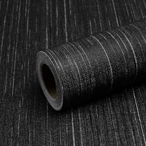 Qianglive Black Grasscloth Peel and Stick Wallpaper - 15.7x120 Vintage Texture Removable Waterproof Wall Paper for Room Walls, Cabinets, Furniture, Drawers, Desk
