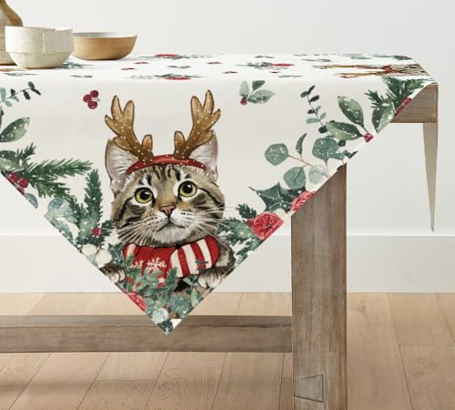 Artoid Mode Holly Eukalyptus Katze Weihnachten Tischdecke, Saisonnal Tischwäsche Winter Küche Tisch Dekoration Drinnen Urlaub Party Dekor 100x100 cm