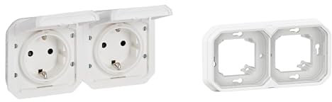 LEGRAND, Plexo New Set, Einsatz Feuchtraum-Steckdose, 2-fach, inkl. Klappdeckel, Berührungsschutz, vorverdrahtet, IP44 - IK08 & 2-fach Feuchtraum-Unterputz-Tragrahmen, Ultraweiß, 069875L & 069694L