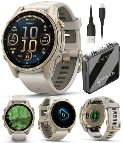Wearable4U Garmin Fenix 8 – 43 mm Sapphire, AMOLED Multisport GPS Smartwatch, Soft Gold with Fog Gray/Dark Sandstone Silicone Band, Built-in LED Flashlight, Voice Control Power Bank Bundle