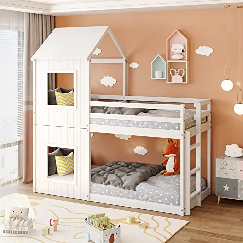 MYBOO 3ft White Treehouse Bunk Bed with Canopy & Ladder, Twin Sleeper Kids Bed, Solid Pine Wood Bed Frame with Guardrails