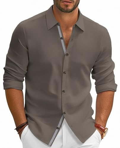 PJ PAUL JONES Mens Business Casual Shirts Lightweight Long Sleeve Wrinkle Free Untucked Shirt Wrinkle Free Coffee L