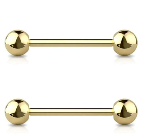Jewel Barrel 2pcs Tongue Piercing Bars Straight Barbell Jewellery Nipple Bar Ring 14G (1.6mm) 12mm 14mm 16mm Length, 4/5/6mm Balls, Surgical Steel Pair (Gold, 14)
