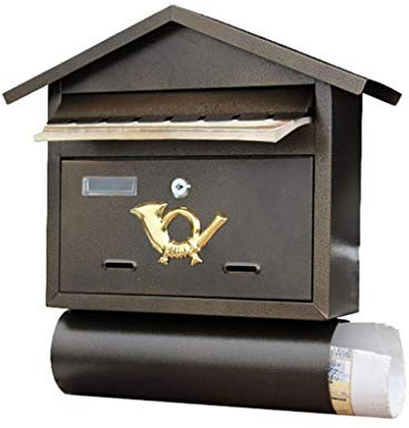 CWCQGH Briefkasten aus Schmiedeeisen zur Wandmontage mit Zeitungsrolle, Sicherheitsbriefkasten für den Außenbereich, abschließbarer Briefkasten mit 2 Schlüsseln, Briefkasten in Retro-Hausform