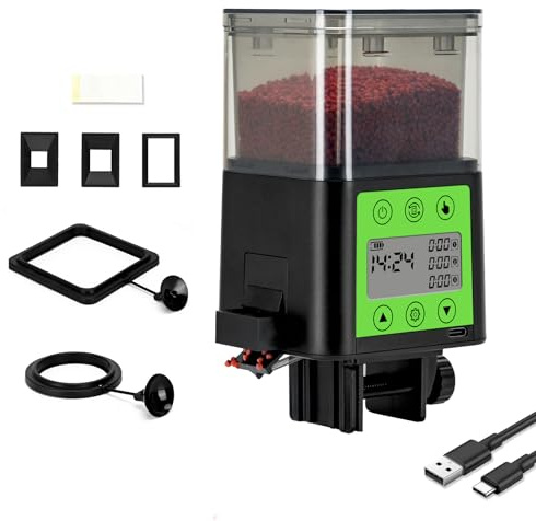 Podazz Automatic Fish Feeder - USB Rechargeable 320ML Large Capacity Aquarium Fish Food Dispenser with LCD Display, Moisture Proof Timer Feeder for Fishes for Vacation Weekend Holiday - Green