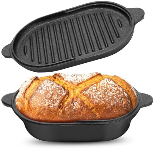 Teenyyou Cast Iron Bread Loaf Pan with Lid, 2-in-1 Dutch Oven Pot, 9 x 6.3 Inch, Black