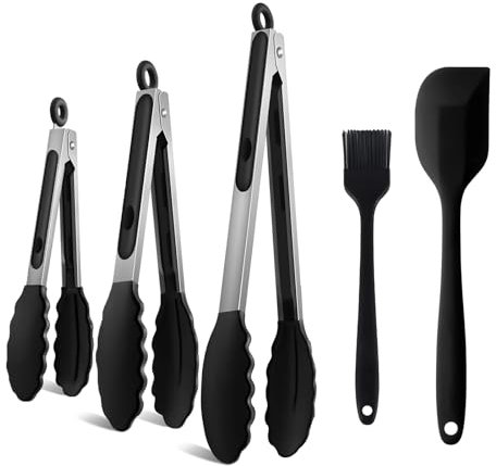 5 Pezzi Pinze da Cucina con Punte in Silicone in Acciaio Inox, Resistenti al Calore, per Barbecue, Carne, Insalata - 21/26,5/35 cm