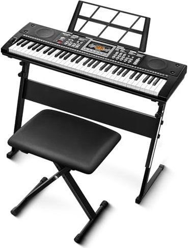 INMOZATA 61 Keys Piano Keyboard with Lighted Up Keys, Electric Piano Keyboard for Beginners, Musical Keyboard with Stand, Bench, Headphones, Microphone, Keys Stickers