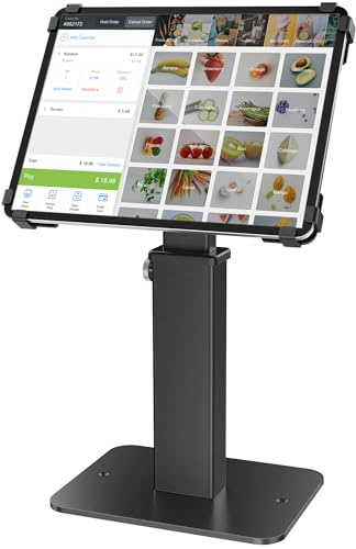 AboveTEK Supporto Chiosco Antifurto per iPad, Rotazione 360° e Altezza Regolabile 21-34 cm, Acciaio e Alluminio Resistente, per Tablet da 9.7-13, Supporto di Sicurezza POS per Uso Commerciale-Nero