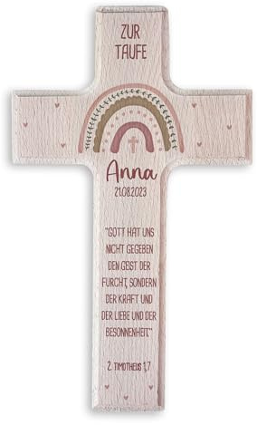 hellomini Personalisierbares Taufkreuz mit 3D-Namen & Taufspruch – Handgefertigtes Holzkreuz Buche – Individuelles Geschenk zur Taufe - Taufgeschenk für Kinder (Regenbogen Rosa)