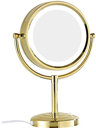 Miroir de maquillage avec lumières Miroirs de maquillage de comptoir de 8 pouces, meuble-lavabo double face doré éclairé en laiton avec loupe cosmétique debout avec prise interrupteur, 7X (Color : 5x)