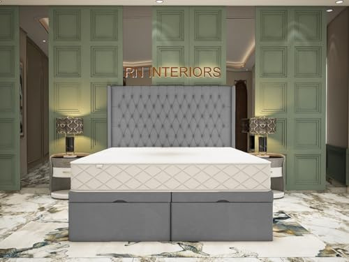 YB INTERIORS LTD Wingback Ottoman Divan Beds –King Size Divan Bed Frame | 49” Chesterfield Matching Floor Standing Headboard | Ottoman Storage 5FT King Size Divan Bed Base Plush Velvet