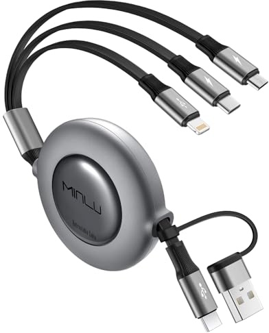 Minlu Multi Charger Cable, 5 in 1 Retractable Charging Cable with Data Transfer[3.5A 1.2m] Retractable USB C Cable, 3 in 2 USB C Multi Charging Cable for iPhone Series/Samsung/Huawei/Sony/Tablet