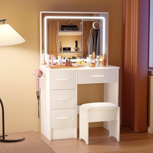 LNZHAO Dressing Table with Mirror and Stool: Efficient Storage, Beauty Studio Level Lighting Vanity Table with 4 Drawers, 3 Color Light & Adjustable Brightness - Elegant Makeup Desk for Bedroom