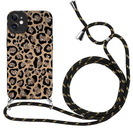 Kueqeay Coque avec Cordon pour iPhone 11 6,1 avec Motif Léopard Noir Case, Aesthetic Silicone étui avec Collier Réglable Corde Souple TPU Antichoc Housse de Protection pour Femmes, 12