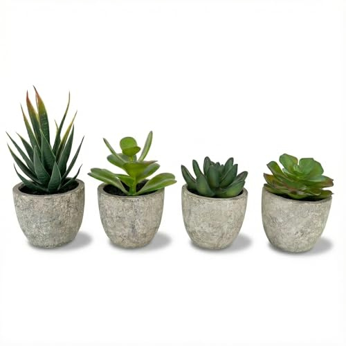 Nala Sukkulenten künstlich 4er Set, kleine Kunstpflanzen im Topf mit Beton-Optik, künstliche Sukkulenten wie echt für Bad, Wohnzimmer & Schreibtisch