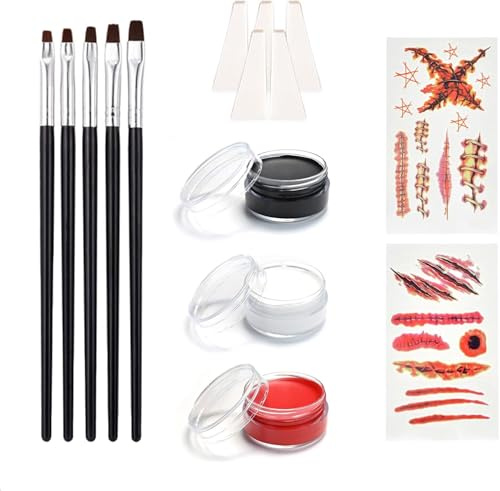 SSKHE Maquillage enfant Halloween - 3 Couleurs (Blanc, Noir, Rouge) avec 5 Pinceaux, 5 Éponges Triangulaires & 2 Autocollants Tatouage - Peinture à Base d'Eau pour Carnaval, Halloween & Déguisements