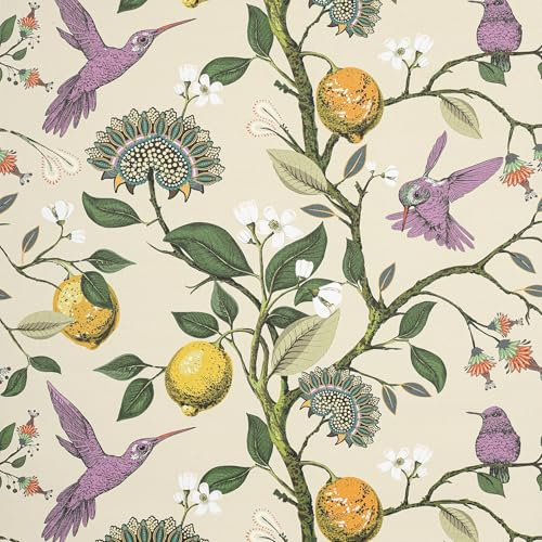 Decotalk Carta da Parati Camera da Letto Floreale 44.5X900cm Carta da Parati Fantasia Limone Foglie Verdi e Uccello Viola Pellicola Adesiva Decorazioni Parete per Soggiorno Cucina Bagno Impermeabile