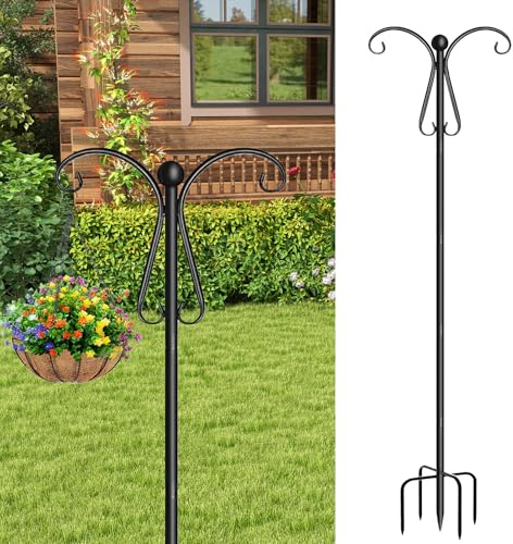 WIYETY schäferkrok 240 cm, trädgård dubbelkrok med 5 pinnar, fågelmatare stång, herdekrok herdebåge, för solcellslampor, växtkorgar, lykta, fågelhus – svart