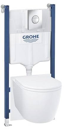 GROHE Solido Compact 5-in-1 Set - Wall Hung Toilet with Concealed Frame 1.13m (Flushing Cistern GD 2 3&6l, Flush Plate Chrome, Rimless WC, Soft Close Seat, Wall Brackets, Noise Protection), 103843SH00